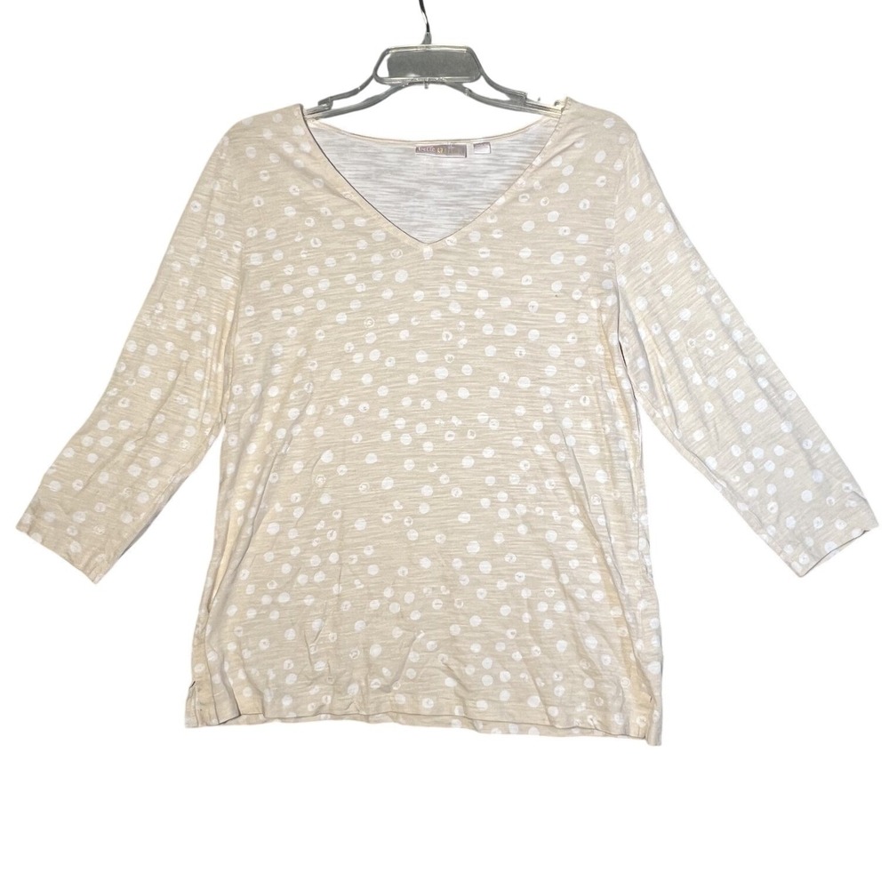 Belle‎ Kim Gravel Women's S Beige White Polka Dot V-Neck 3/4 Sleeve Knit Top